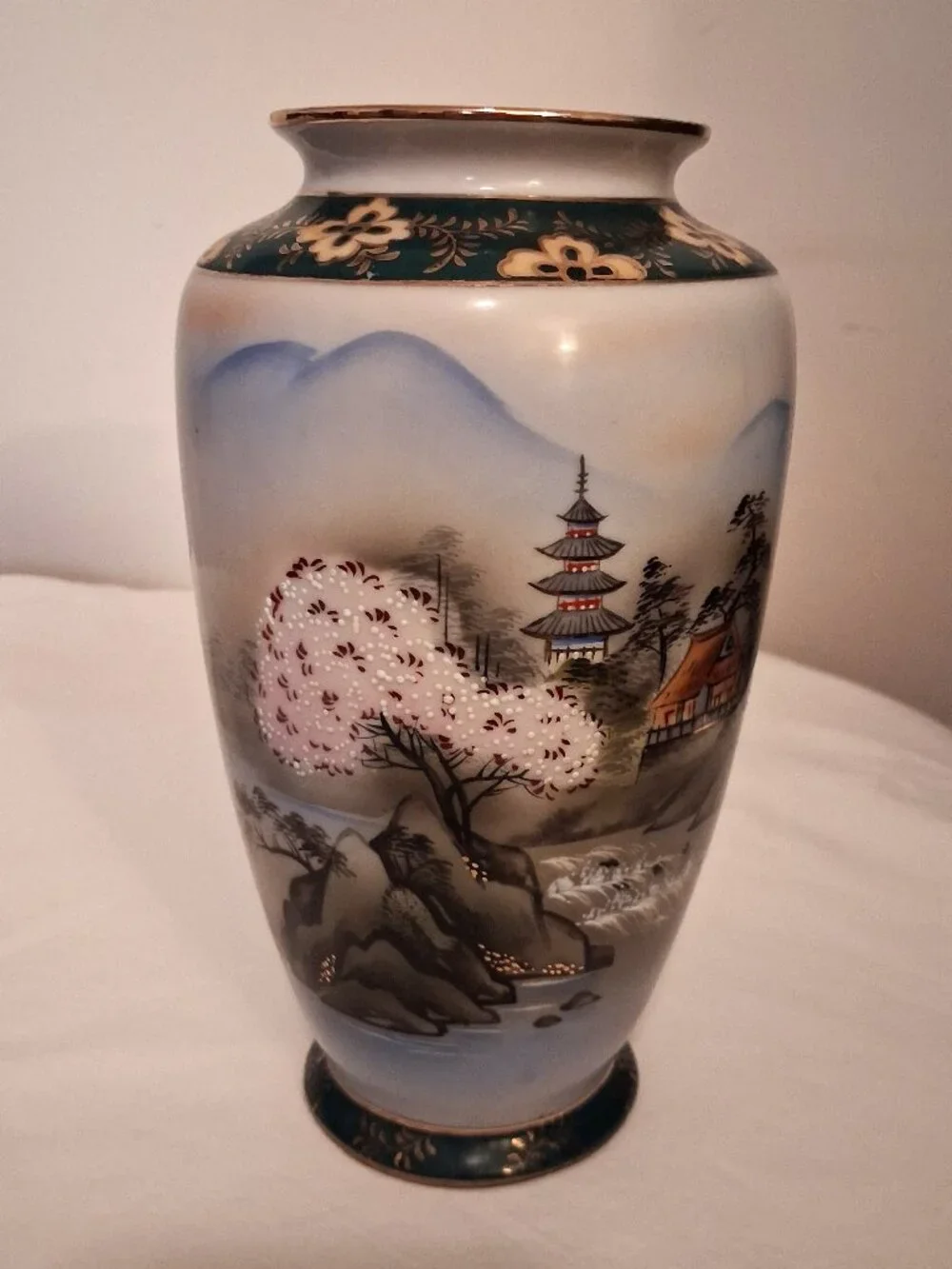 Vintage Hand-Painted Japanese Vase Pagoda & Cherry Blossom & Mountains Gold Trim